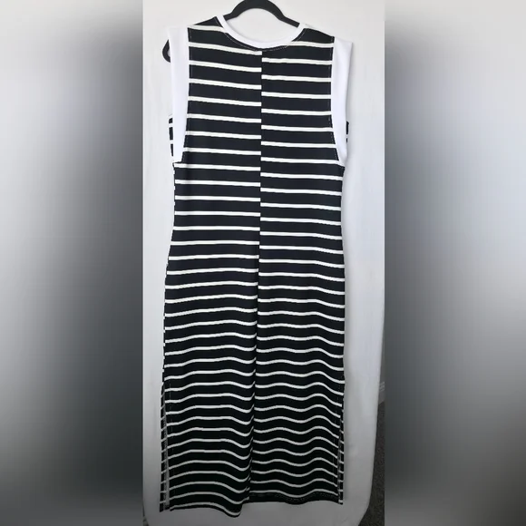 Grecerelle Black & White Striped Maxi Dress Pockets Slit Minimalist Clean Girl - Picture 7 of 14